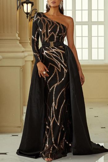 elegant non-stretch sequins rhinestone cape with small tail maxi evening dress