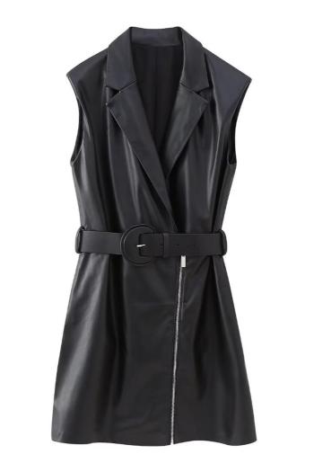 xs-l stylish non-stretch pu leather suit collar belt mini dress(size run small)