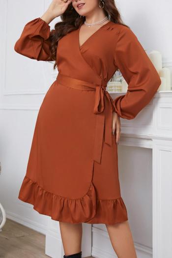 casual plus size non-stretch solid color loose belt long-sleeved midi dress