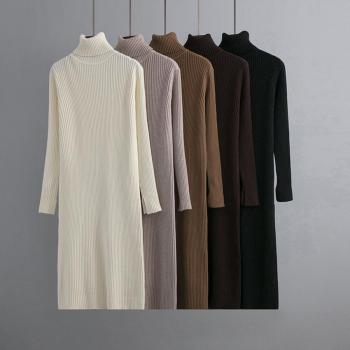 casual slight stretch 5-colors solid color loose high collar knitted midi dress