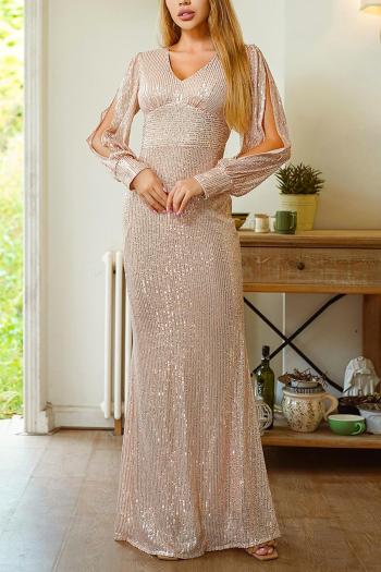 elegant non-stretch sequins hollow long sleeve zip-up evening dress