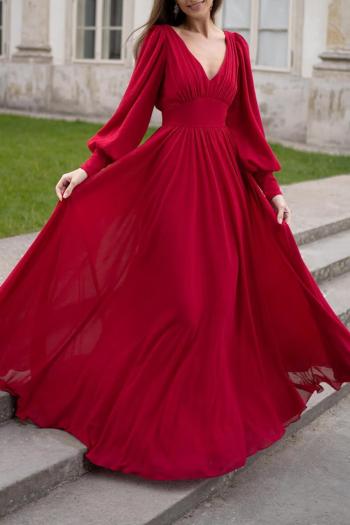 elegant non-stretch solid color chiffon v-neck zip-up maxi dress