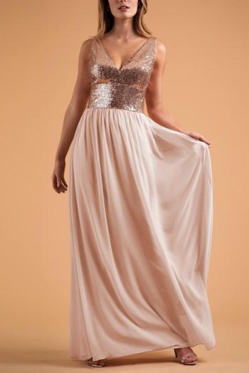 elegant non-stretch zip-up sequins patchwork maxi dress