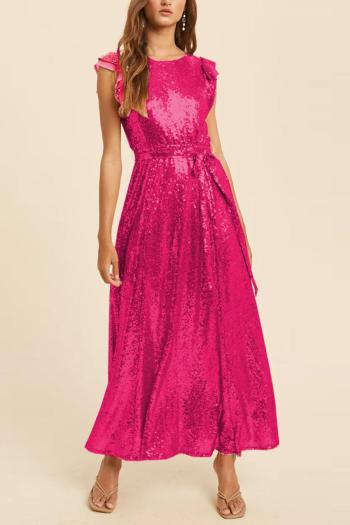 elegant non-stretch solid color belt zip-up sequins maxi evening dress