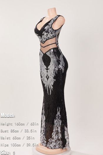 Elegant non-stretch sequin rhinestones zip-up hollow maxi evening dress