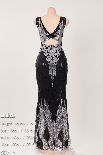 Elegant non-stretch sequin rhinestones zip-up hollow maxi evening dress
