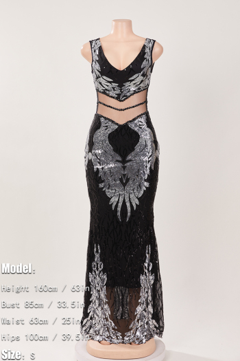 Elegant non-stretch sequin rhinestones zip-up hollow maxi evening dress