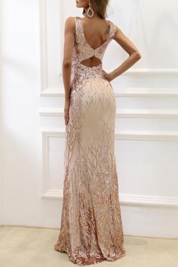 Elegant non-stretch sequin rhinestones zip-up hollow maxi evening dress