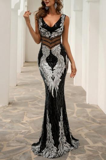 Elegant non-stretch sequin rhinestones zip-up hollow maxi evening dress