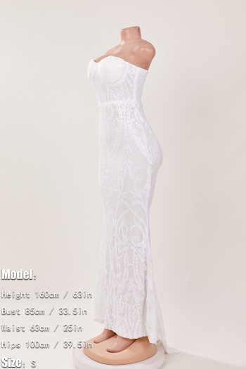 Elegant non-stretch strapless sequins zip-up mermaid maxi evening dress