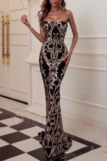 Elegant non-stretch strapless sequins zip-up mermaid maxi evening dress