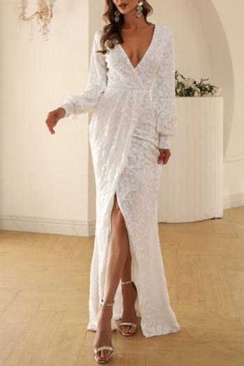 elegant non-stretch deep v sequins zip-up slit long sleeves maxi evening dress