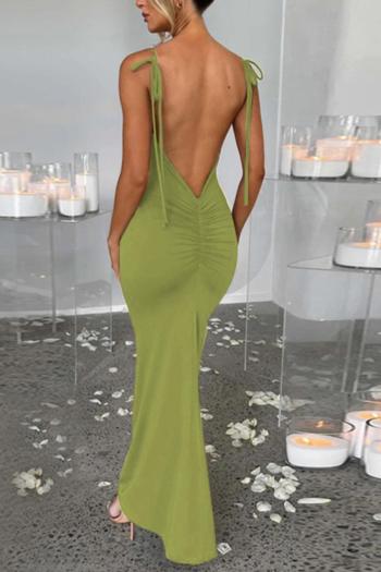 sexy slight stretch pure color backless lace-up maxi dress