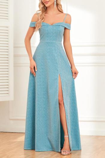 elegant non-stretch solid color sling zip-up slit glitter maxi evening dress