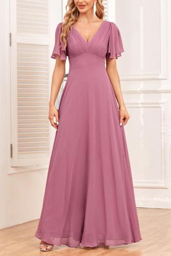 elegant non-stretch solid color chiffon pleated zip-up maxi evening dress