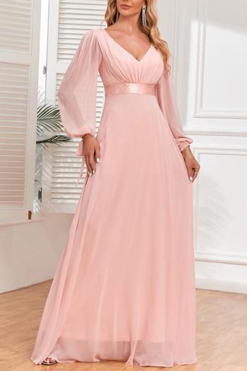 elegant non-stretch solid color chiffon v-neck zip-up maxi evening dress