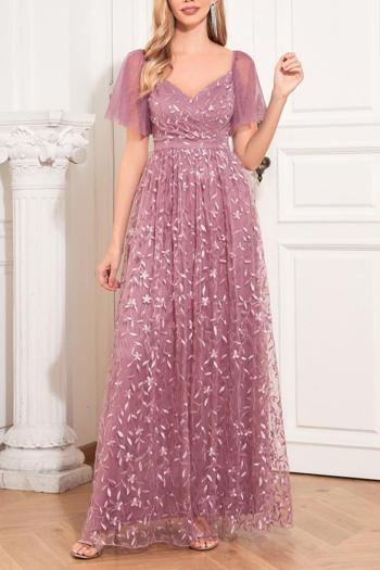 elegant non-stretch mesh embroidery zip-up maxi evening dress