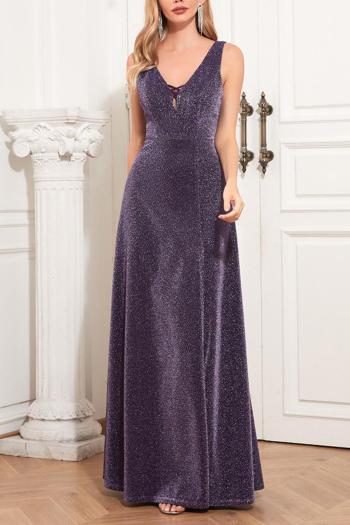 elegant non-stretch v-neck glitter zip-up high slit maxi evening dress