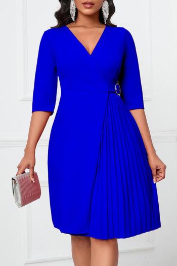 casual plus size slight stretch solid color v-neck pleated midi dress
