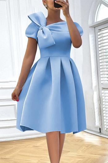 casual plus size slight stretch bow decor solid color pleated midi dress