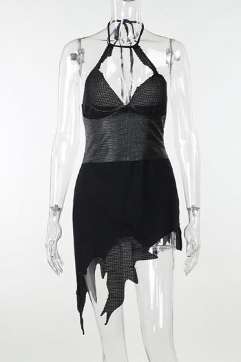 Sexy slight stretch halter neck patchwork irregular tattered mini dress