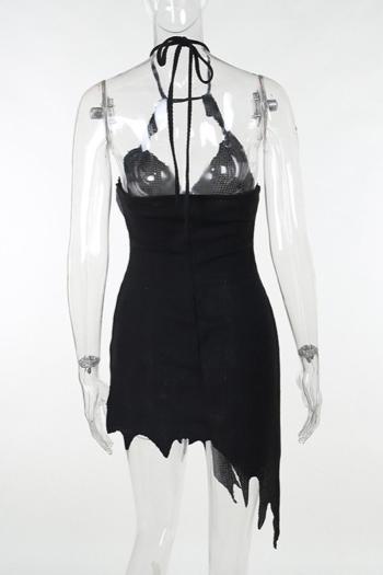 Sexy slight stretch halter neck patchwork irregular tattered mini dress