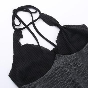 Sexy slight stretch halter neck patchwork irregular tattered mini dress