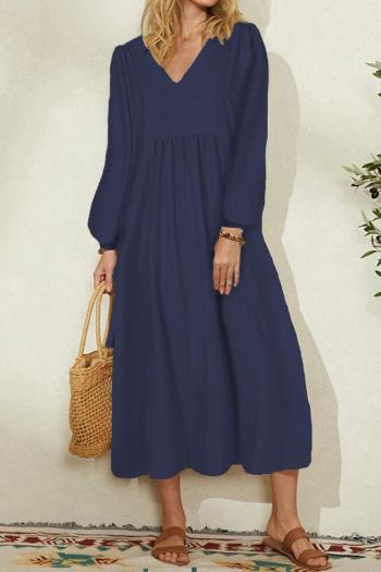 Casual plus size non-stretch solid color v-neck lantern sleeve midi dress