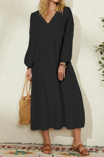 Casual plus size non-stretch solid color v-neck lantern sleeve midi dress