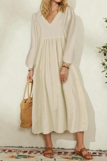 Casual plus size non-stretch solid color v-neck lantern sleeve midi dress