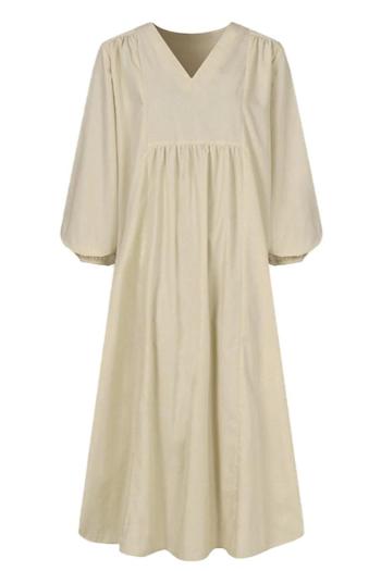 Casual plus size non-stretch solid color v-neck lantern sleeve midi dress