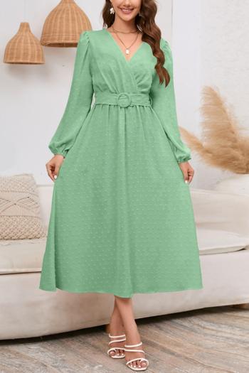 casual plus size non-stretch solid color v-neck with belt midi dress