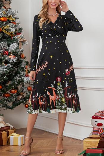 casual plus size slight stretch christmas tree elk fixed printing midi dress