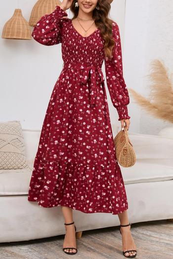 casual plus size non-stretch 3 colors floral batch printing with belt midi dress