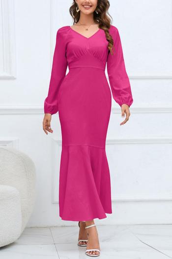 casual plus size slight stretch solid color v-neck long sleeve maxi dress