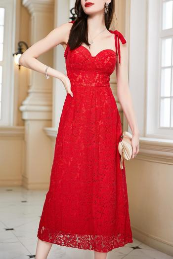 elegant non-stretch solid color lace sling midi zip-up evening dress