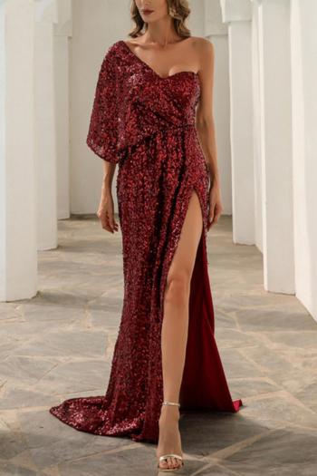 elegant non-stretch sequins one-shoulder high-slit maxi evening dress