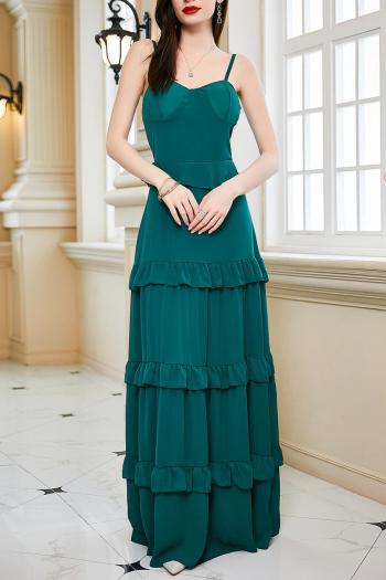 elegant non-stretch solid color sling zip-up maxi dress
