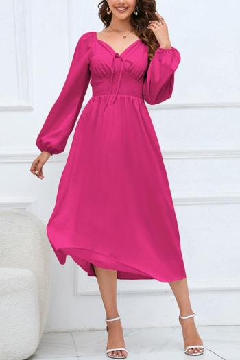 casual plus size slight stretch solid color v-neck lace-up midi dress