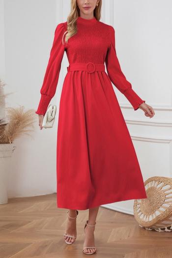 casual plus size non-stretch solid color crew neck with belt midi dress