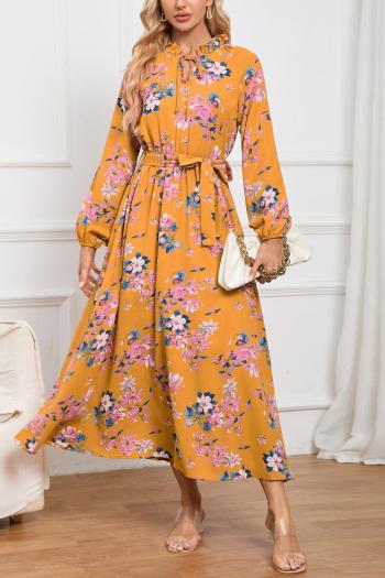 casual plus size non-stretch floral batch printing with lace-up belt midi dress