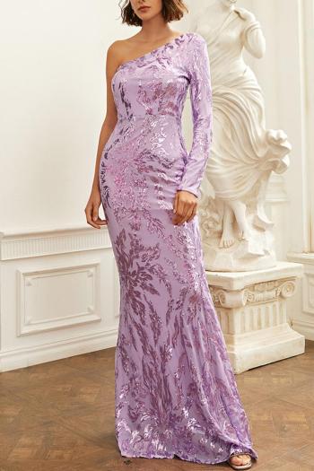 elegant non-stretch one-shoulder long-sleeved sequins maxi evening dress