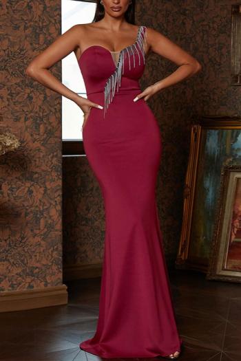 elegant non-stretch solid tassel one shoulder zip-up maxi mermaid evening dress