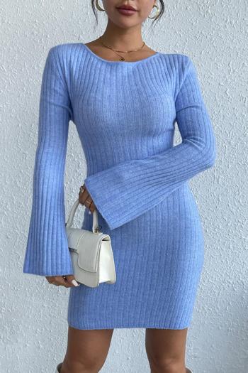 sexy slight stretch knitted 3 colors bell-sleeve backless bodycon mini dress