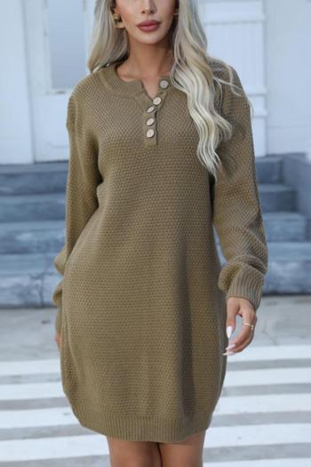 casual slight stretch pure color knitted long sleeve sweater mini dress