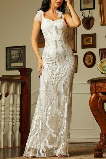 elegant non-stretch mesh sling sequins zip-up maxi evening dress