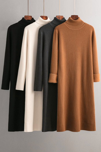 casual slight stretch solid color high collar loose knitted fleece midi dress