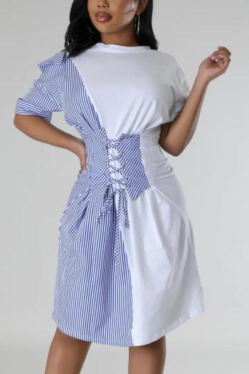 casual plus size slight stretch contrast color stripe lace-up midi dress