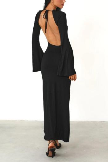 sexy slight stretch simple solid color backless bell sleeve maxi dress