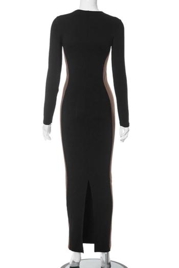 Sexy slight stretch contrast color crew neck slim slit maxi dress